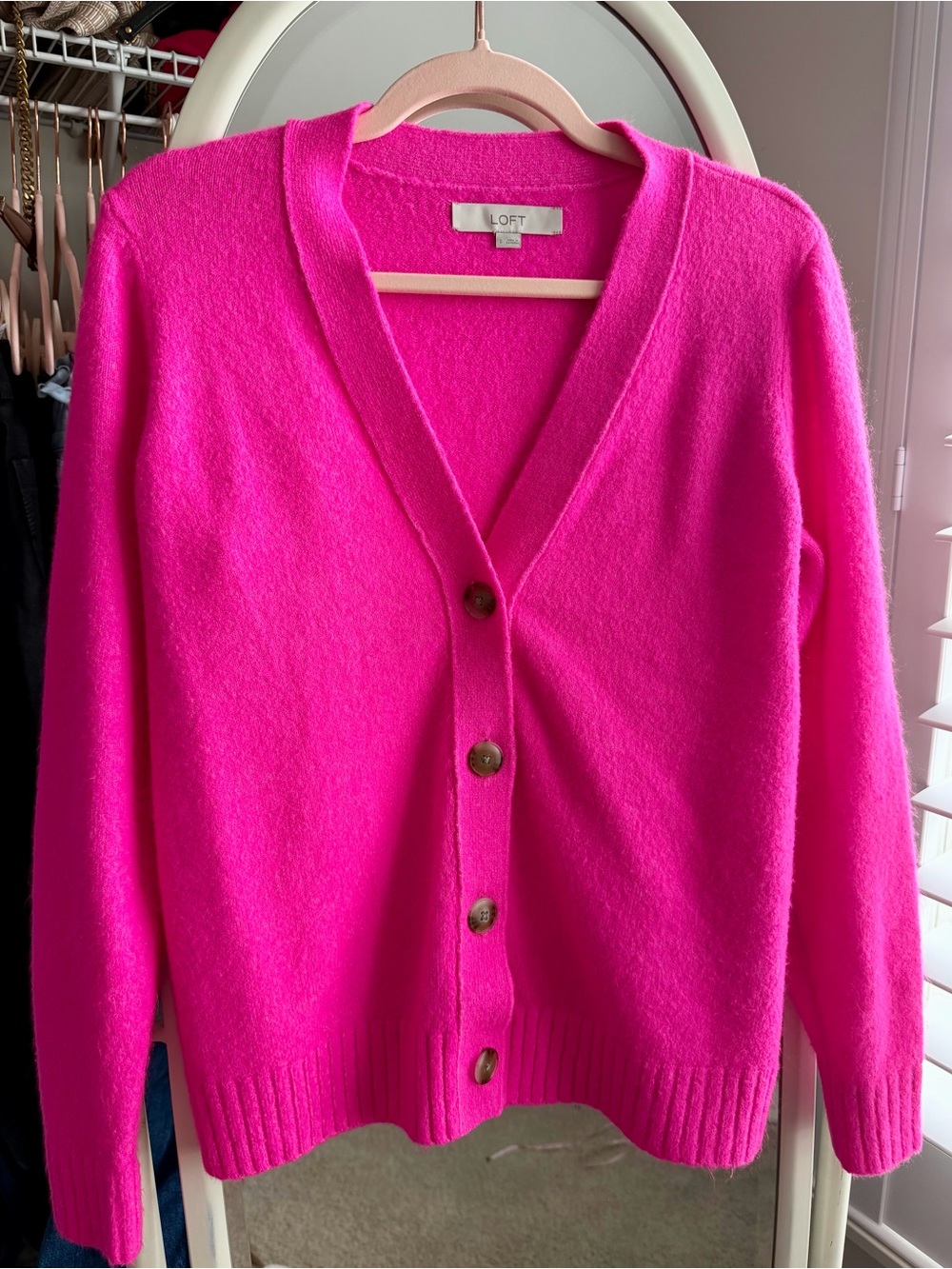 LOFT Bright Pink V-Neck Button Front Cardigan